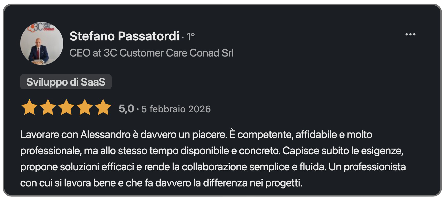 Recensione LinkedIn di Stefano Passatordi su Buffoli Software — valutazione 5 stelle