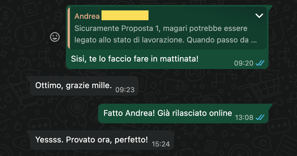 Messaggio WhatsApp di Andrea — testimonianza cliente Buffoli Software