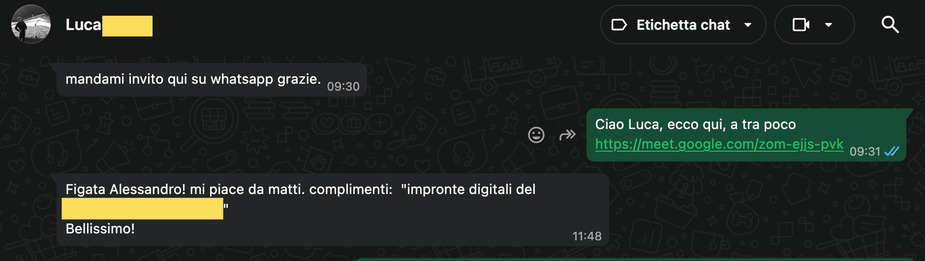 Messaggio WhatsApp di Luca — testimonianza cliente Buffoli Software
